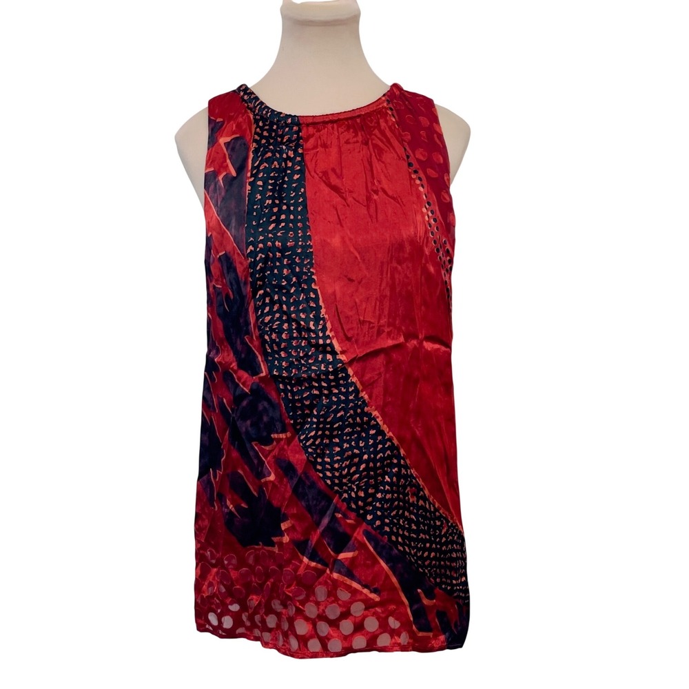 Cabi Womens Sleeveless Blouse Red Blue Medium Artsy Casual Boho Abstract
